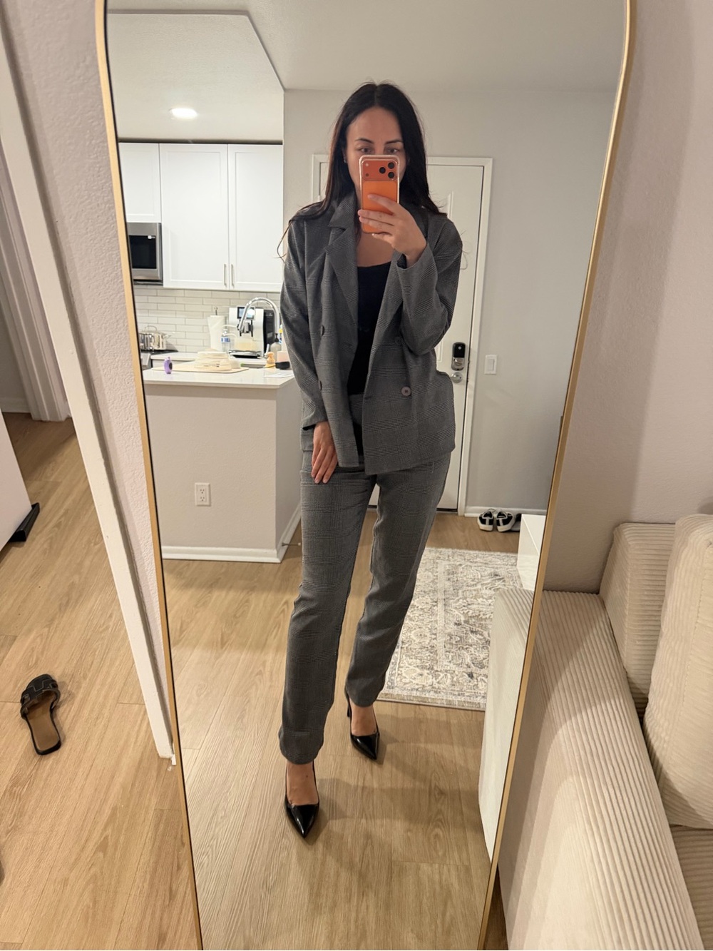 Women's Gray Checked Double-Breasted Blazer Jacket and pants